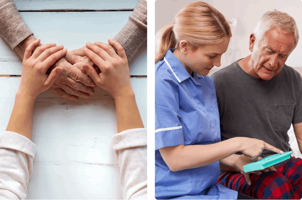 Two pictures of people holding hands and a person using a cell phone.